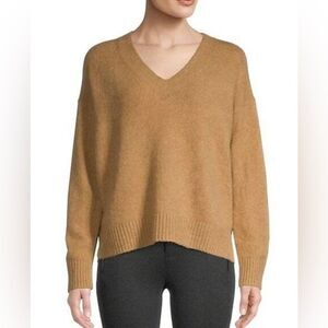 Vince V-Neck Woven Sweater Camel Cotton Blend sz M